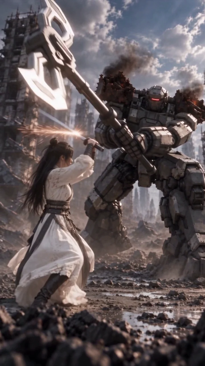 A white-robed heroine intercepts a giant war-mech's polearm amid the ruins of a city.