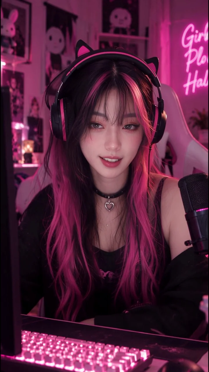 A digital performer with pink-streaked hair and headphones in a warmly lit gaming room.