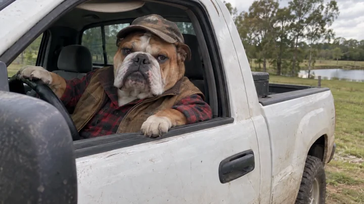 A bulldog in a camouflage cap and plaid shirt leans out of a white pickup beside a pond.