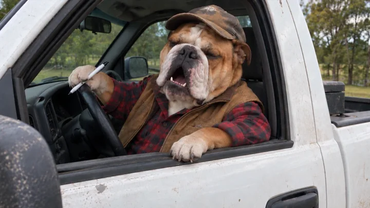 A bulldog in a camouflage cap, plaid shirt and brown vest holds a pen at the open window of a white pickup.