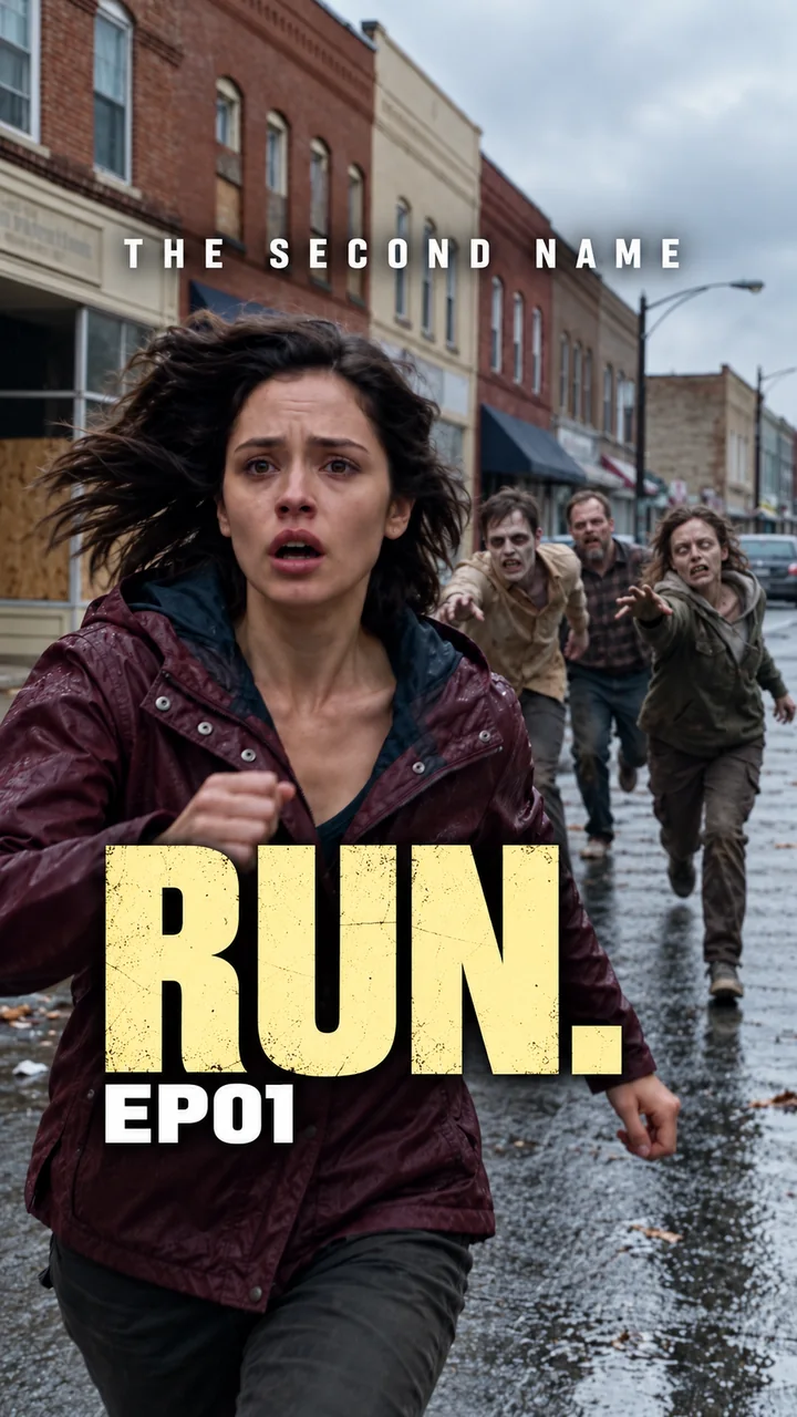 Mara runs down a deserted street with three zombies in pursuit on the existing RUN. EP01 cover for The Second Name.